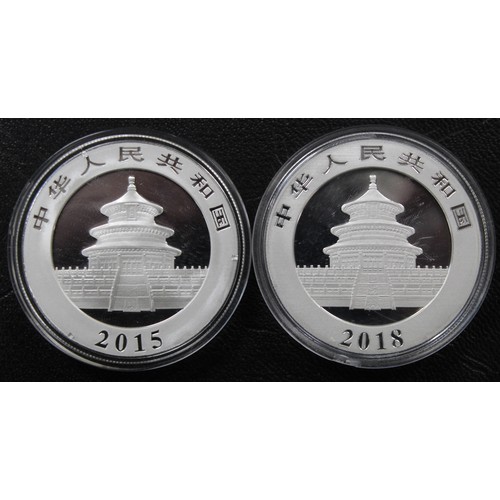 270 - China 2015 & 2018 silver 10 yuan Pandas. Both nFDC and housed in individual capsules.