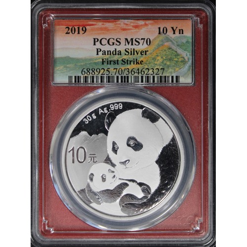 268 - China 2019 silver 10 yuan Panda. Graded PCGS MS70, FDC, and presented in a First Strike lucky red Ch... 