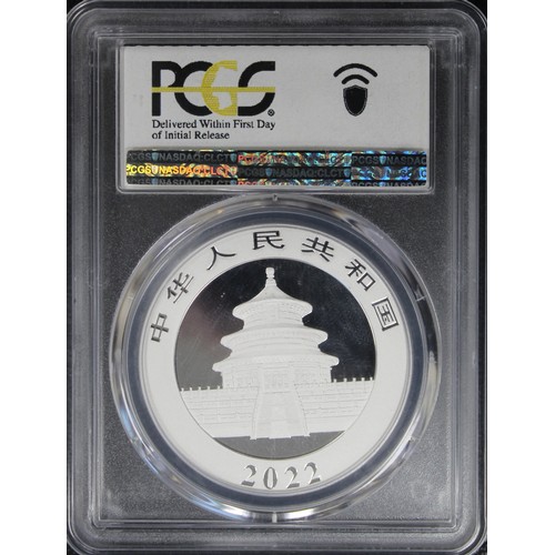 269 - China 2022 silver 10 yuan Panda. Graded PCGS MS70, FDC, and presented in a First Day of Issue holder... 