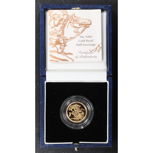 96 - 1999 Proof Half Sovereign, Elizabeth II. Cased with COA. Handled, aFDC [Marsh 544R, S.SB4]