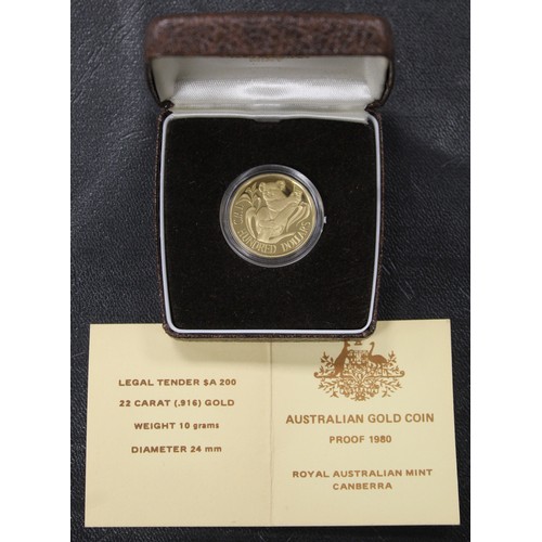 114 - Australia 1980 gold proof $200. The first year of mintage struck from 10g of 22ct gold. nFDC and hou... 
