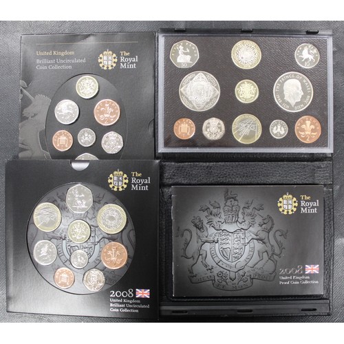 203 - 2008 BUNC & Proof year sets (2) including 11-coin proof set in black leather case, BUNC year set... 