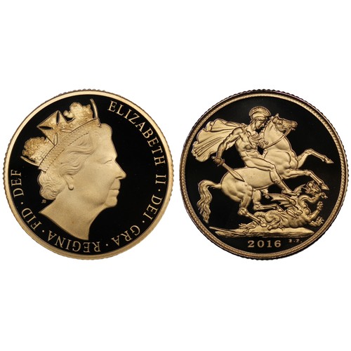 100 - 2016 Gold proof sovereign, Elizabeth II, featuring the one-year obverse portrait by James Butler to ... 