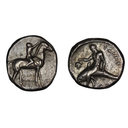 19 - Calabria, Tarentum, silver nomus. Obv. Youth on horseback galloping to right, Rev. Taras riding dolp... 