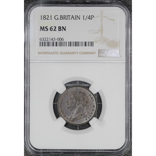 22 - 1821 Farthing, George IV. Obv. laureate bust, Rev. Seated Britannia aside Lion. Graded NGC MS62BN, g... 