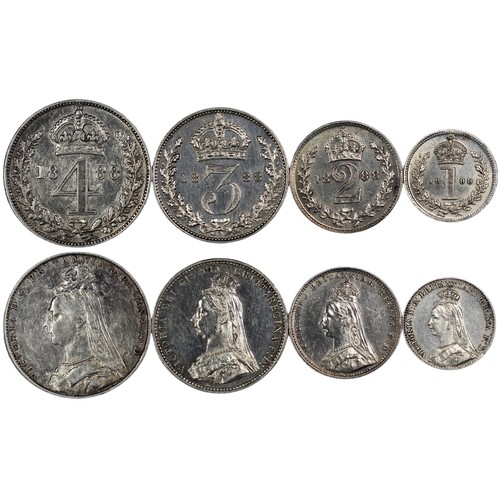 42 - 1888 Maundy Set, Victoria. Obv. jubilee head, rev. crowned denominations dividing date. The set clea... 