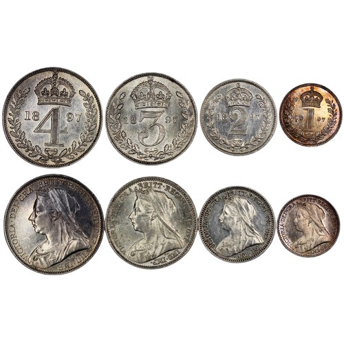 44 - 1897 Maundy Set, Victoria. Obv. old veiled head, rev. crowned denominations dividing date. The penny... 