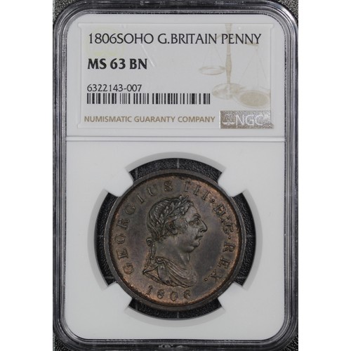 28 - 1806 Penny, George III. Graded NGC MS63BN  with underlying colour in the peripheries. Incuse hair cu... 