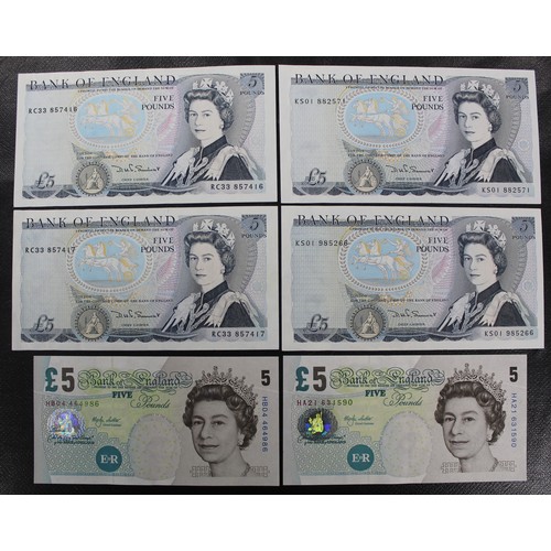 3 - £5 banknotes (6) including Somerset/Wellington issues (4 of which 2 consecutive serial numbers) and ... 