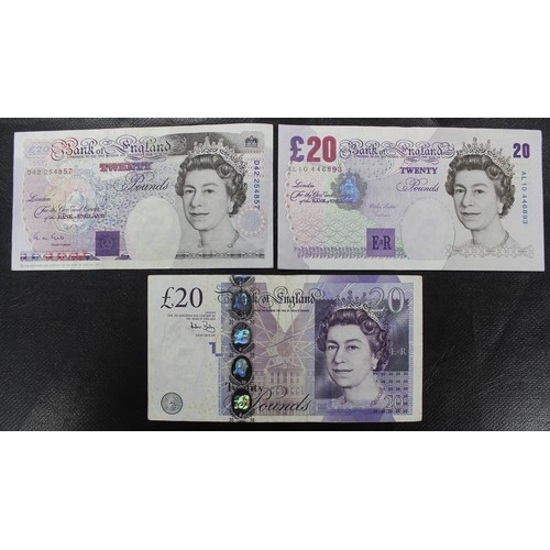 7 - £20 banknotes (3) including Gill/Faraday, Lowther/Elgar & Bailey/Smith issues. All circulated, a... 