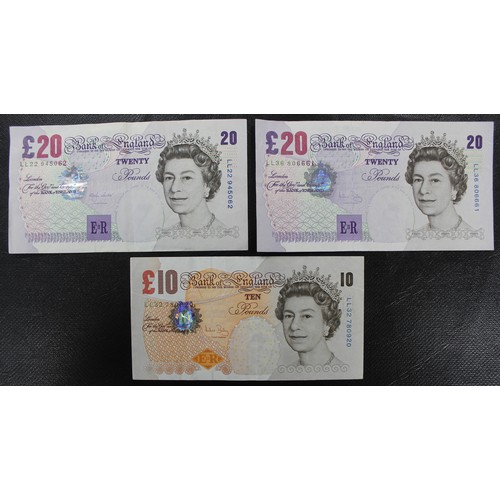 6 - Replacement £20 & £10 banknotes (3) all with LL prefixes including Bailey/Elgar £20 issues (2) a... 