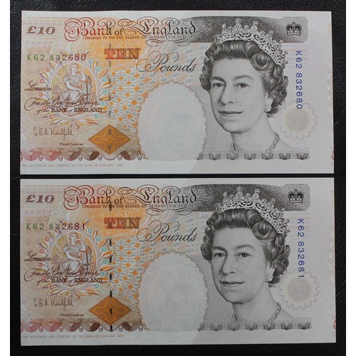 5 - £10 guillotine error Kentfield banknotes (2) with consecutive serial numbers. aUNC, a very interesti... 