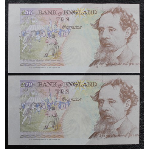 5 - £10 guillotine error Kentfield banknotes (2) with consecutive serial numbers. aUNC, a very interesti... 