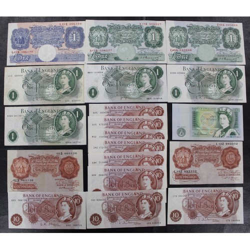 1 - £1 & 10/- banknotes (19). Mixed grades, mostly from circulation but ranging from Fine to UNC.