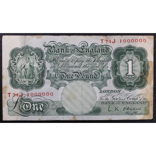2 - Serial #1000000 L.K. O'Brien £1 note (B273).  The prefix T74J recorded as with terminator issue. Mul... 