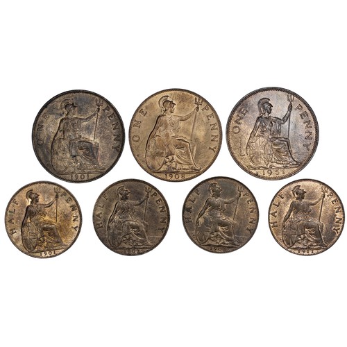 34 - An attractive assortment of bronze coins (7) comprising 1901 penny, 1908 penny, 1951 penny, 1901 hal... 