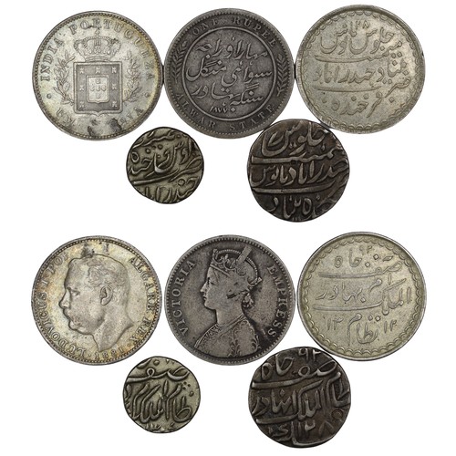 315 - Coins of India (5) of varied origin to include 1881 Portuguese India rupee & 1877 Alwar State ru... 