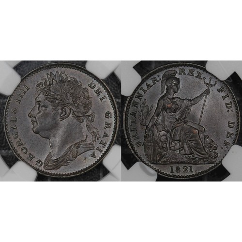 14 - 1821 Farthing, NGC MS62BN, George IV. Obv. laureate bust, Rev. Seated Britannia aside Lion. gEF with... 