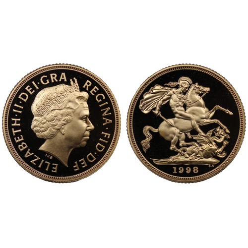 147 - 1998 Proof sovereign, Elizabeth II. Noted spot at rear of horse. Obverse portrait by Ian Rank-Broadl... 