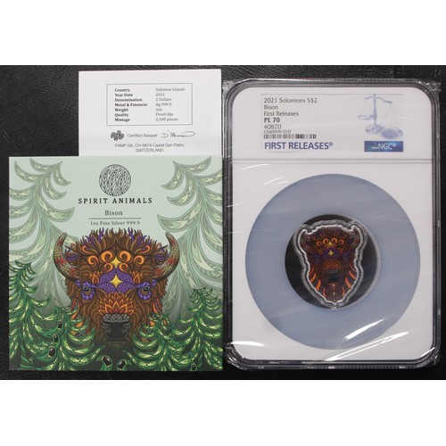 302 - NGC PL70 Solomon Islands 2021 $2 1oz Silver proof-like colour issue, Spirit Animals, Bison. Struck b... 