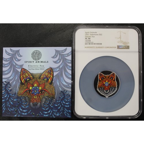 303 - NGC PL70 Solomon Islands 2021 $2 1oz Silver proof-like colour issue, Spirit Animals, Electric Fox. S... 