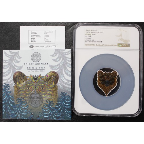 304 - NGC PL70 Solomon Islands 2021 $2 1oz Silver proof-like colour issue, Spirit Animals, Grizzly Bear. S... 