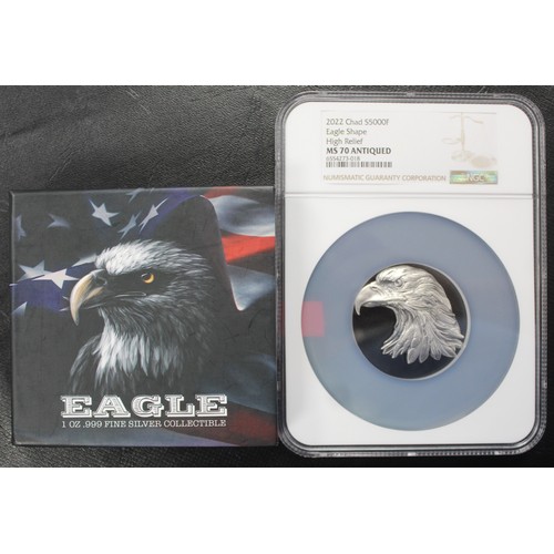 298 - NGC MS70 ANTIQUED Chad 2022 5000 Francs 1oz Silver Eagle struck in high relief. Presented in oversiz... 