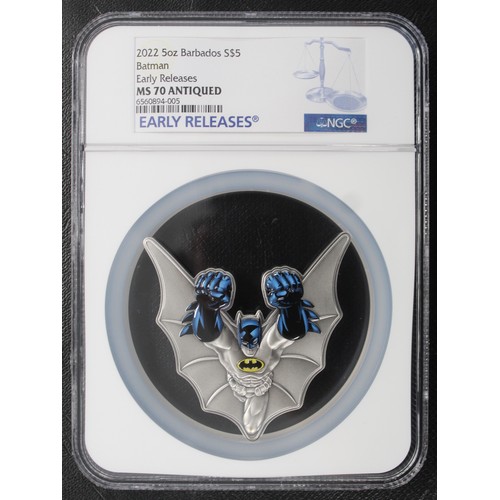 299 - NGC MS70 ANTIQUED Barbados 2022 5oz silver $5 featuring Batman. Presented in oversized NGC First Rel... 