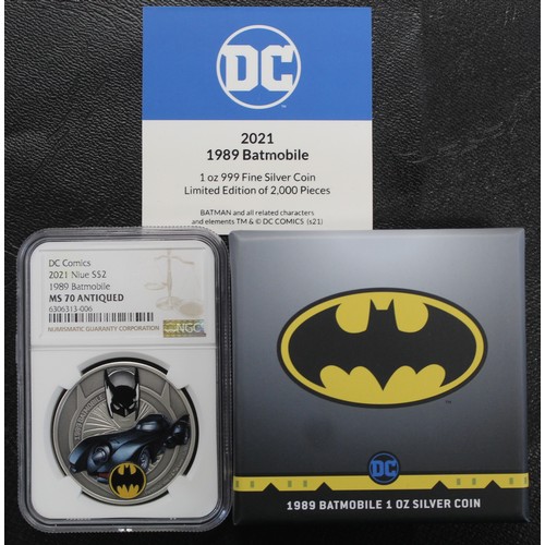 300 - NGC MS70 ANTIQUED NIUE 2021 Silver $2 struck from 1oz fine silver and depicting the 1989 Batmobile. ... 