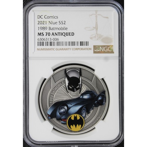 300 - NGC MS70 ANTIQUED NIUE 2021 Silver $2 struck from 1oz fine silver and depicting the 1989 Batmobile. ... 