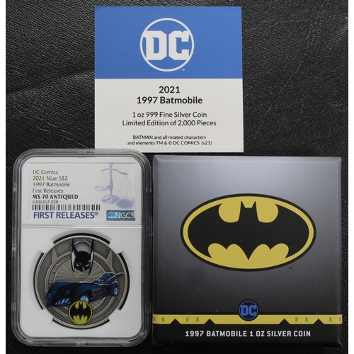 301 - NGC MS70 ANTIQUED NIUE 2021 Silver $2 struck from 1oz fine silver and depicting the 1997 Batmobile. ... 