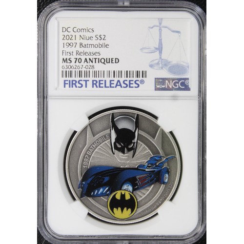 301 - NGC MS70 ANTIQUED NIUE 2021 Silver $2 struck from 1oz fine silver and depicting the 1997 Batmobile. ... 