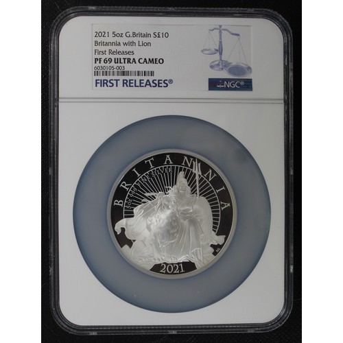 220 - PF69 Ultra Cameo 2021 Silver Proof 5oz Britannia with reverse design by P. J. Lynch. Graded NGC... 