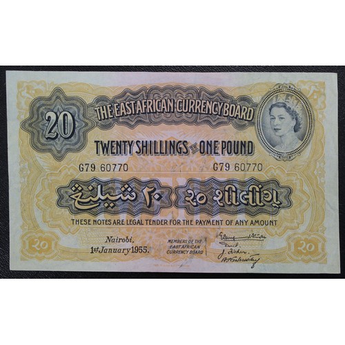 5 - The East Africa Currency Board, 1955 20 Shillings or One Pound banknote. Elizabeth II. VF/gVF, creas... 