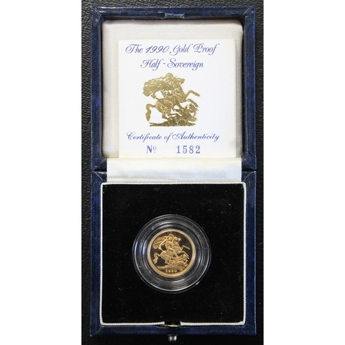 100 - 1990 Proof half sovereign, Elizabeth II. Small marks under jaw and signs of handling, multiple rever... 