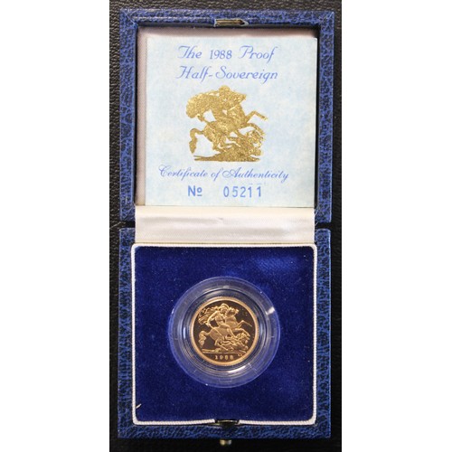 98 - 1988 Proof half sovereign, Elizabeth II. Notable marks behind cape on rev., small obverse marks. Obv... 