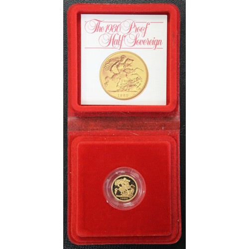 92 - 1980 Proof half sovereign, Elizabeth II. A few surface marks and hazing. nFDC. Cased with COA. [Mars... 