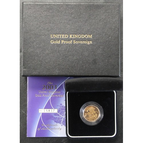 152 - 2003 Proof sovereign, Elizabeth II. Fields somewhat hazy, a couple of spots noted by D of DEF. Obver... 