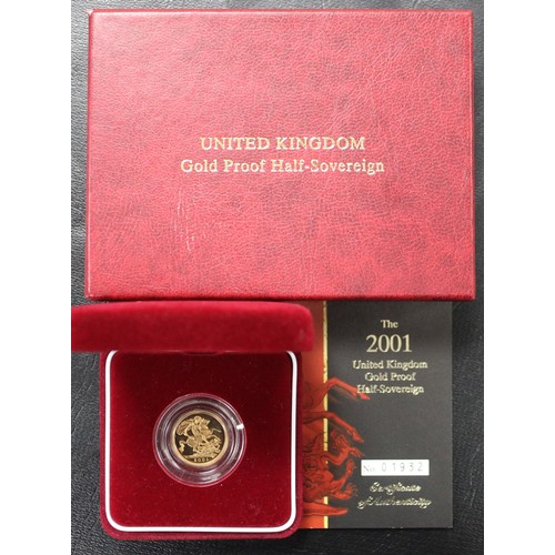 110 - 2001 Proof half sovereign, Elizabeth II. A few surface marks between hind of horse and cape. Obverse... 