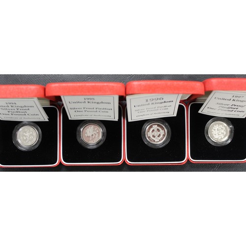 248 - Silver proof piedfort £1 coins (11) comprising 1987, 1988, 1989, 1993, 1994, 1995, 1996, 1997, 1998,... 