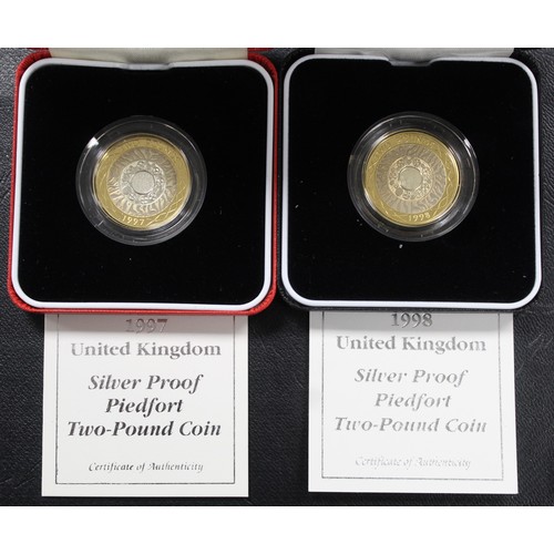 263 - Silver proof piedfort £2 coins (5) comprising 1994 Bank of England, 1995 United Nations, 1966 Footba... 