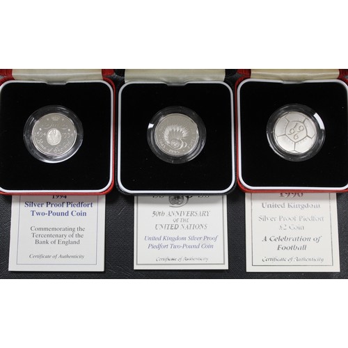 263 - Silver proof piedfort £2 coins (5) comprising 1994 Bank of England, 1995 United Nations, 1966 Footba... 