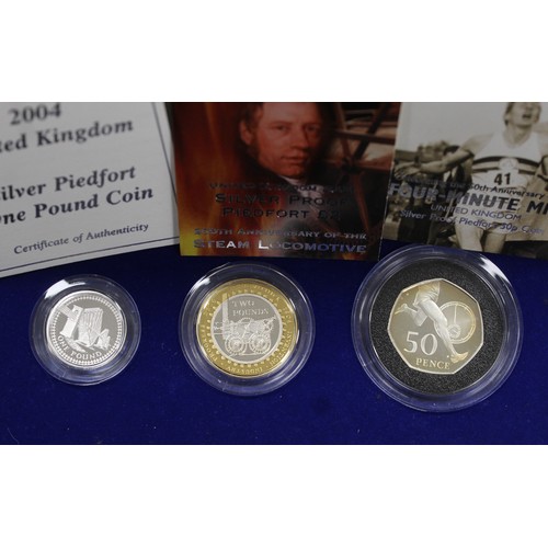 290 - 2004 Silver proof piedfort 3-coin set including Forth Bridge £1, Trevithick Steam Engine £2 and Four... 