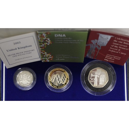 289 - 2003 Silver proof piedfort 3-coin set including Suffragette 50p & DNA £2 coin. The first with mi... 