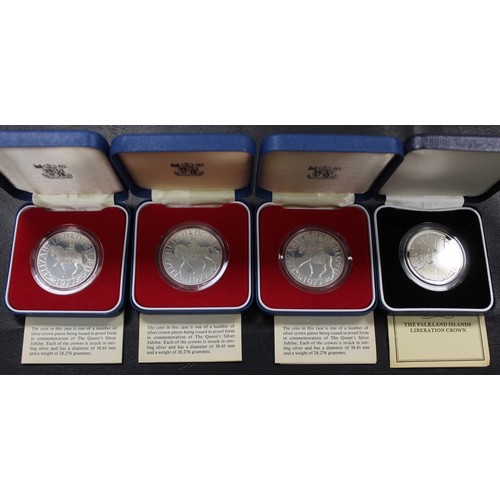 215 - Silver proof crowns (7) comprising 1977 Silver Jubilee (3), 1981 Charles & Diana & 1982 Falk... 