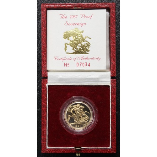 136 - 1987 Proof sovereign, Elizabeth II. Some surface hazing/handling. Obverse portrait by Raphael Maklou... 