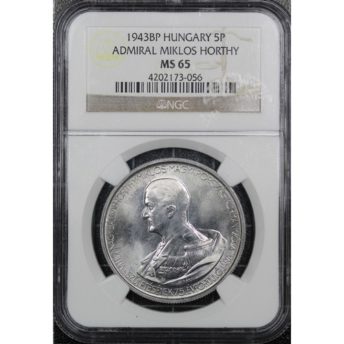 319 - Hungary 1943 5 Pengo, NGC MS65. Struck to commemorate the 75th birthday of Admiral Miklós Horthy. A ... 