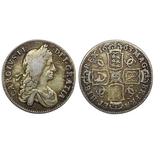 49 - 1663 Shilling, Charles II. Type E/1 with varied hair arrangement. Porous surfaces and once gilded. O... 