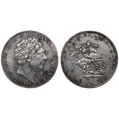 73 - 1818 Crown, George III, edge LIX. Spotty reverse and with underlying hairlines from attempted cleani... 