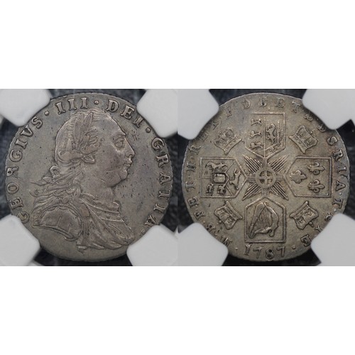 43 - 1787 Sixpence, NGC AU55, no semée of hearts, George III. Some weakness to reverse legends. VF, bette... 